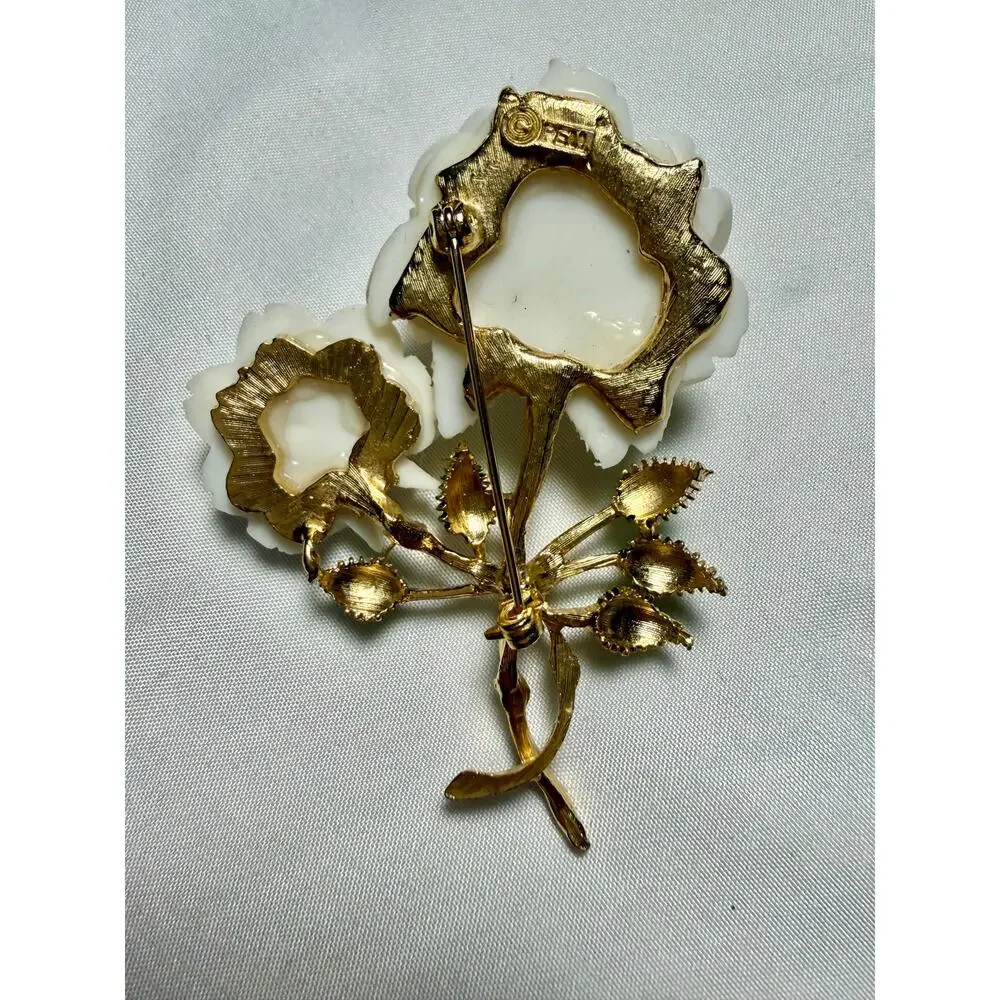Vintage FELI White Rose Floral Brooch Gold Tone Enamel Leaves
